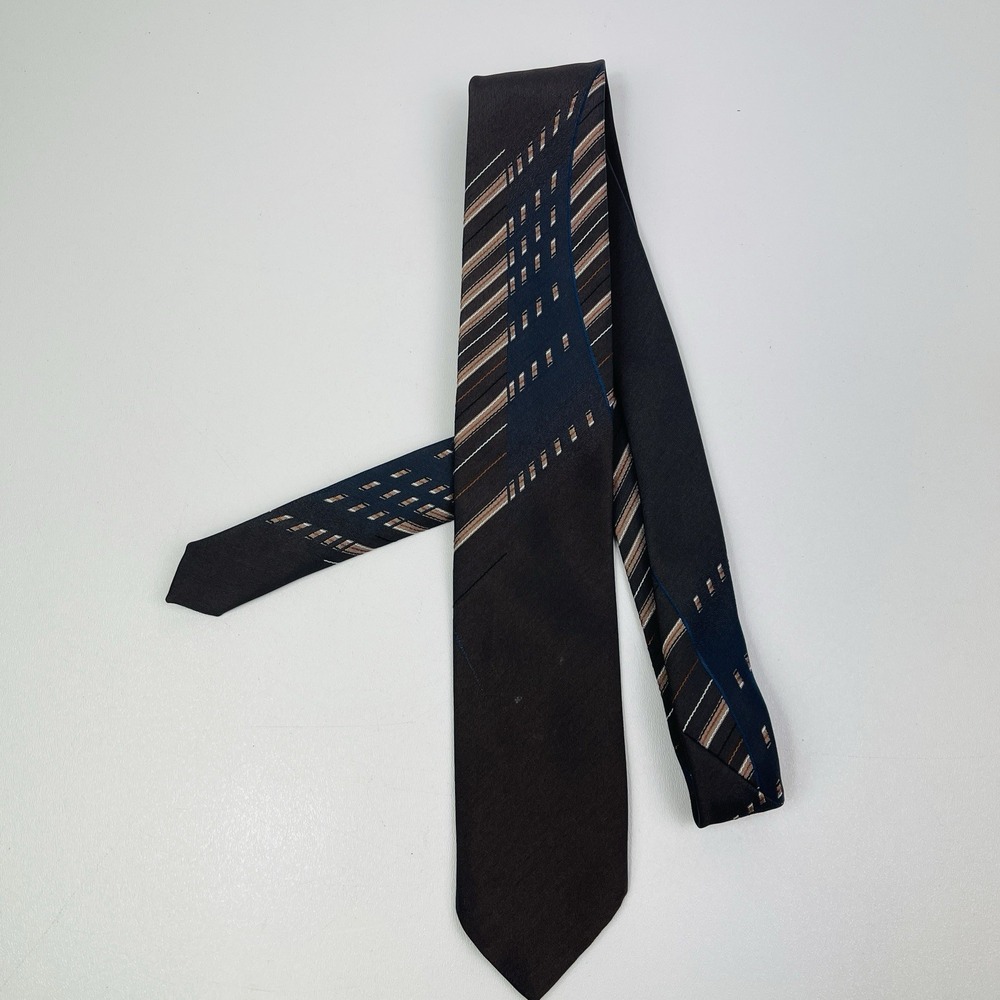 Mens Jo Renoir Paris Mens Tie Blue Brown Tan Diagonal Stripe Polyester‎ Blend